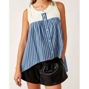 Free People Womens Asymmetrical Blue and Cream The Only One Tank Size Large Boho